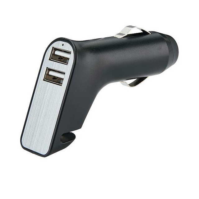 Dual port car charger with belt cutter and hammer, black/sil - black