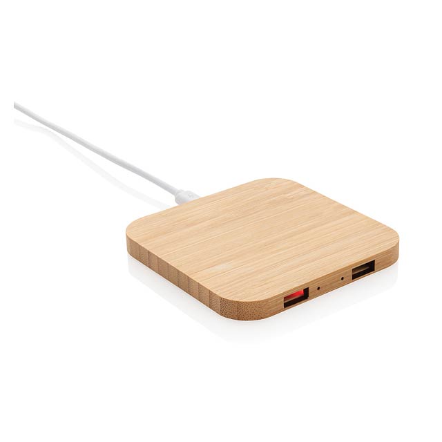 Bamboo 5W wireless charger with USB ports, brown - brown