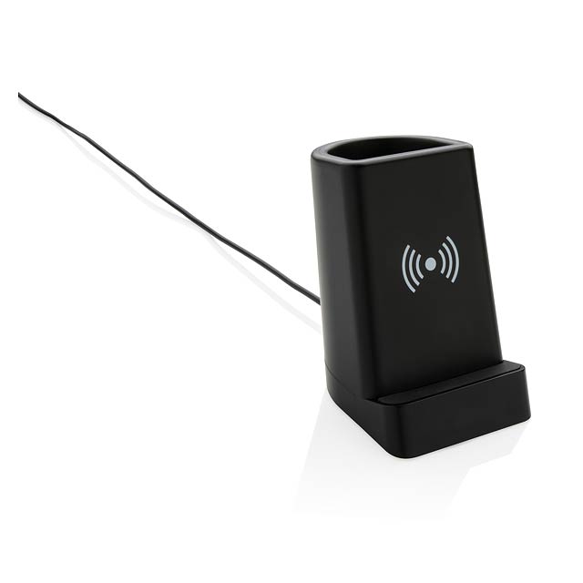 Light up logo 5W wireless charging pen holder - black