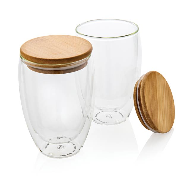 Double wall borosilicate glass with bamboo lid 350ml 2pc set - transparent
