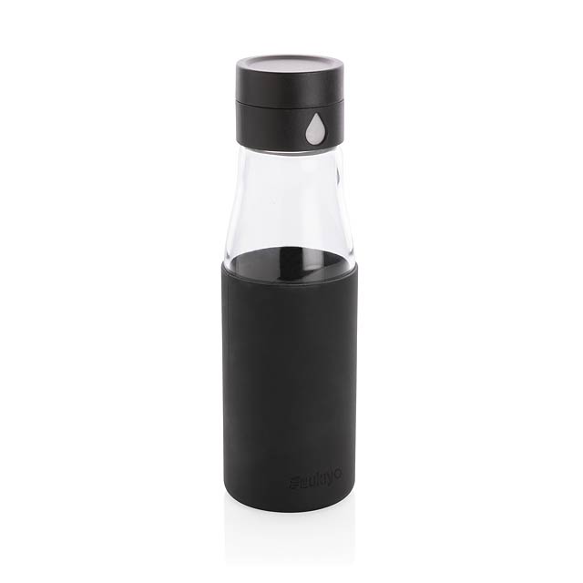 Ukiyo glass hydration tracking bottle with sleeve, black - black