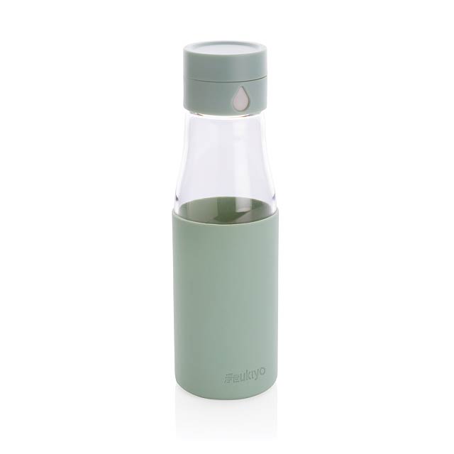 Ukiyo glass hydration tracking bottle with sleeve, green - green