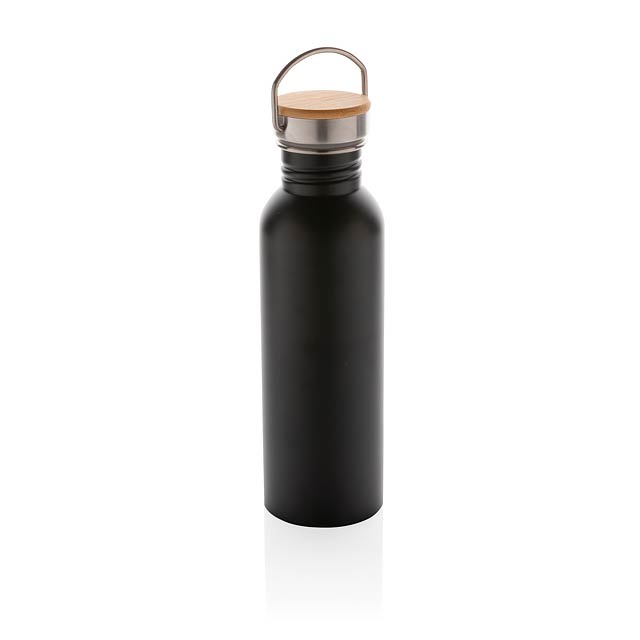 Moderne Stainless-Steel Flasche mit Bambusdeckel, schwarz - schwarz