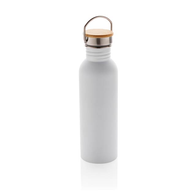 Moderne Stainless-Steel Flasche mit Bambusdeckel, weiß - Weiß 