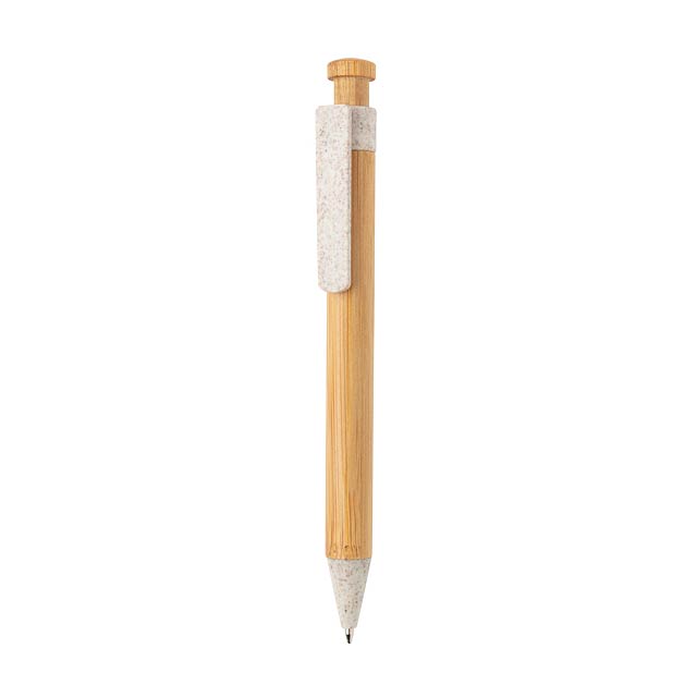 Bambusové pero s klipem z pšeničné slámy, bílá - biela