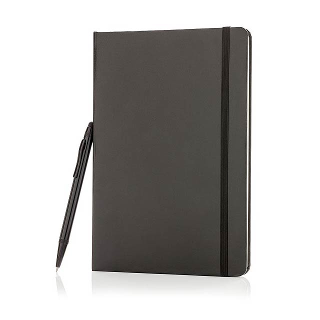 Basic Hardcover A5 Notizbuch mit Stylus, schwarz - schwarz