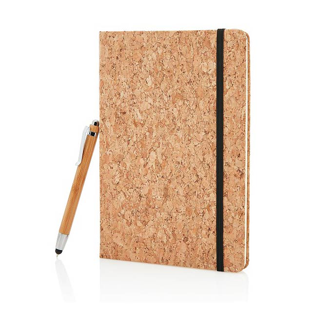 Kork A5 Notizbuch mit Bambus Stift und Stylus, braun - Bräune