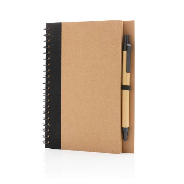 Kraft spiral notebook with pen, black - black