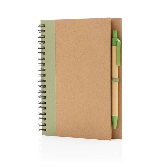 Kraft spiral notebook with pen, green - green