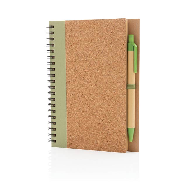 Cork spiral notebook with pen, green - green