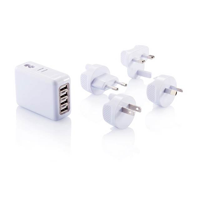 Travel plug with 4 USB ports, white - white