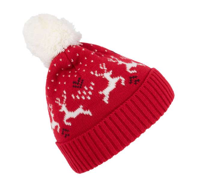 K-up Winter Beanie With Reindeer Design - červená