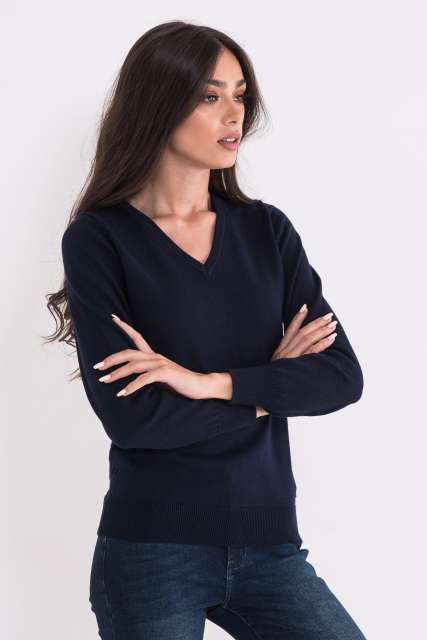 Legend World Wide Ladies’ V-neck Fine Gauge Cotton Pullover - modrá