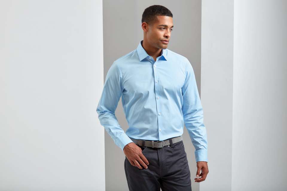 Premier Men's Stretch-fit Cotton Poplin Long Sleeve Shirt - modrá
