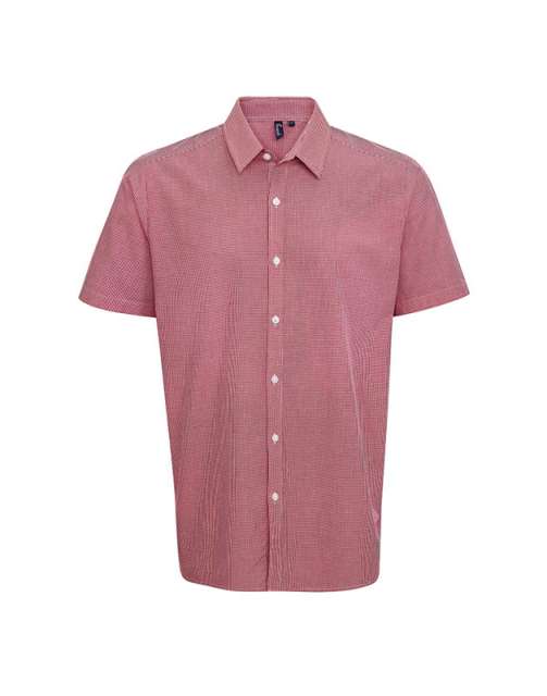 Premier Men's Short Sleeve Gingham Cotton Microcheck Shirt - červená