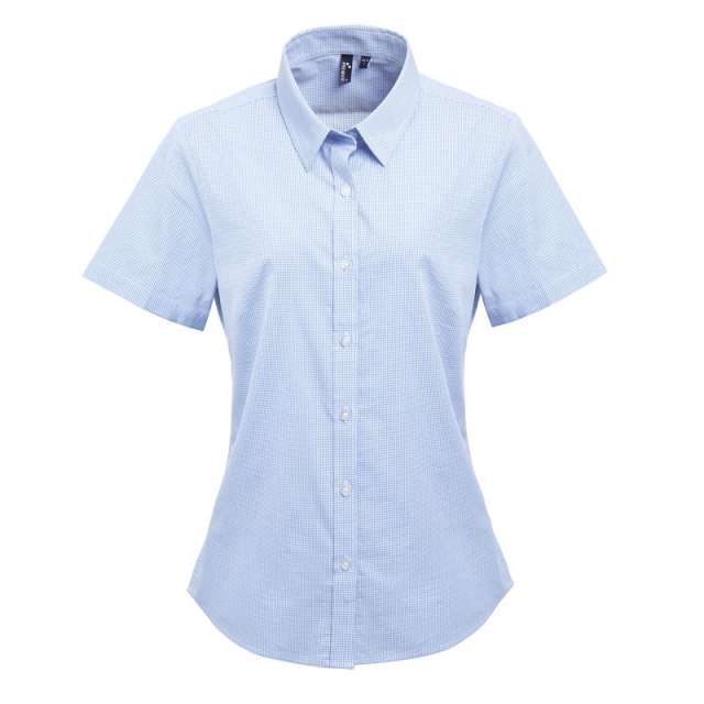 Premier Women's Short Sleeve Gingham Microcheck Shirt - blue