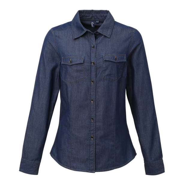 Premier Women's Jeans Stitch Denim Shirt - modrá